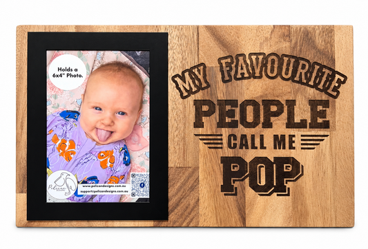 My Favourite People Call Me Pop engraved timber photo frame with black 6x4 photo holder, a thoughtful gift for Pop from grandchildren.