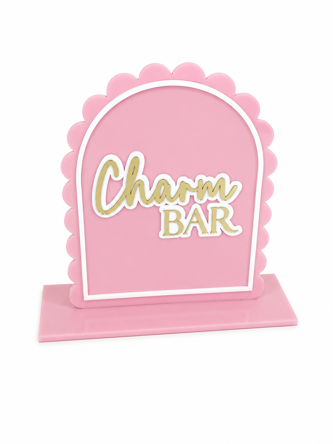 Personalised acrylic market sign with scalloped edge and custom wording on freestanding base