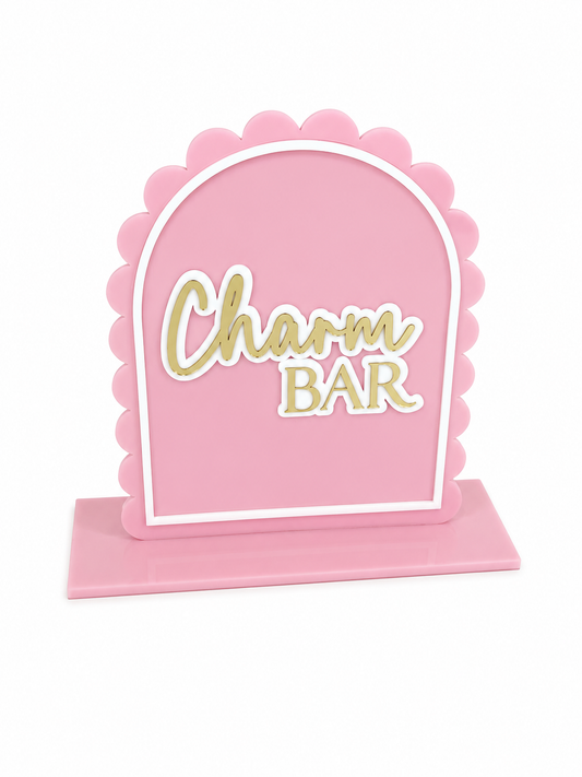 Personalised acrylic market sign with scalloped edge and custom wording on freestanding base
