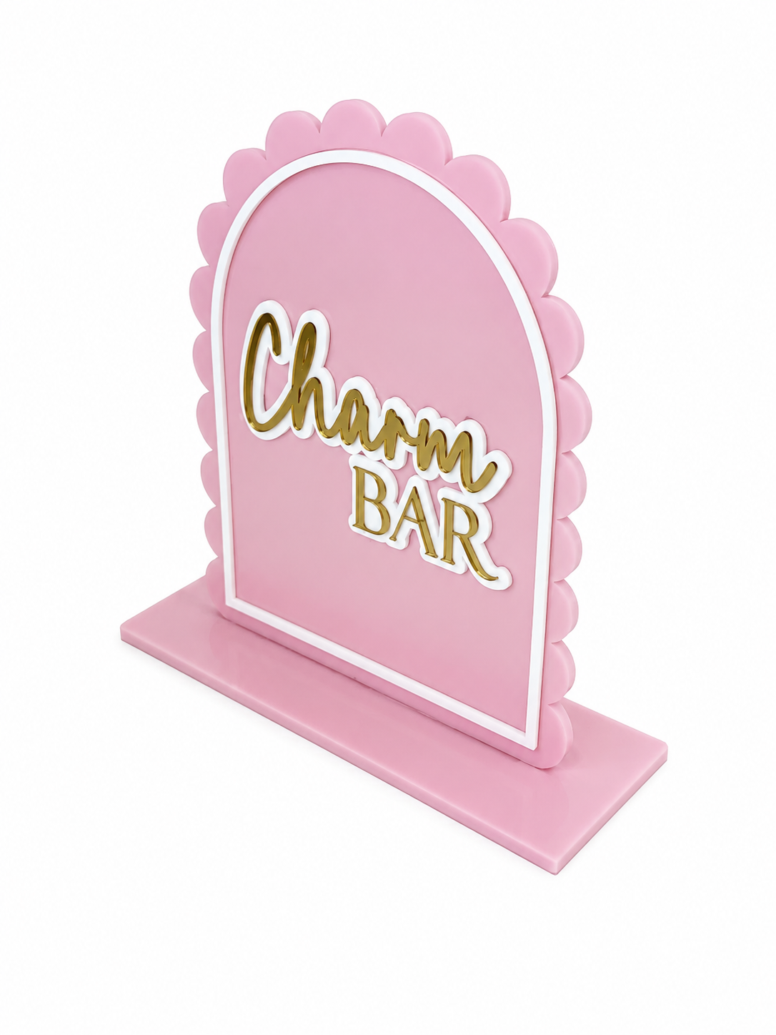 Personalised acrylic market sign with scalloped edge and custom wording on freestanding base against white backhround