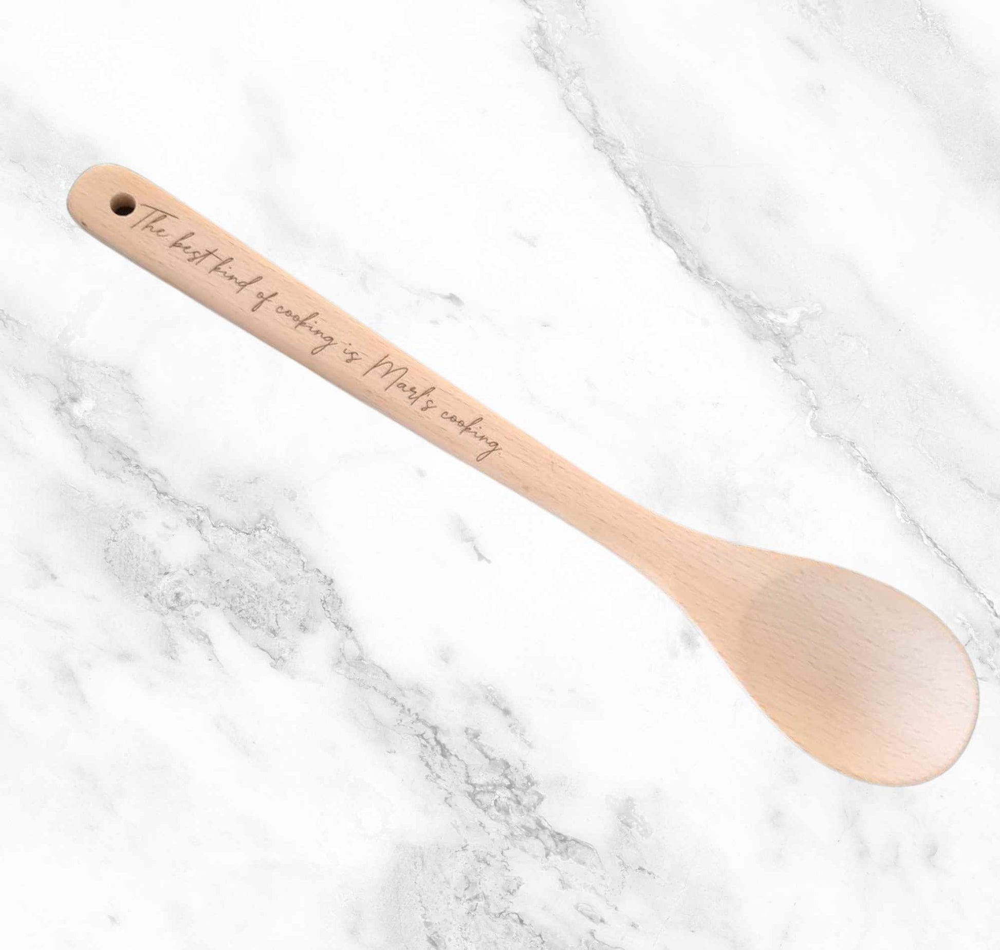 Personalised engraved wooden spoon customised with a name or message, handmade in Australia by Pelican Designs.