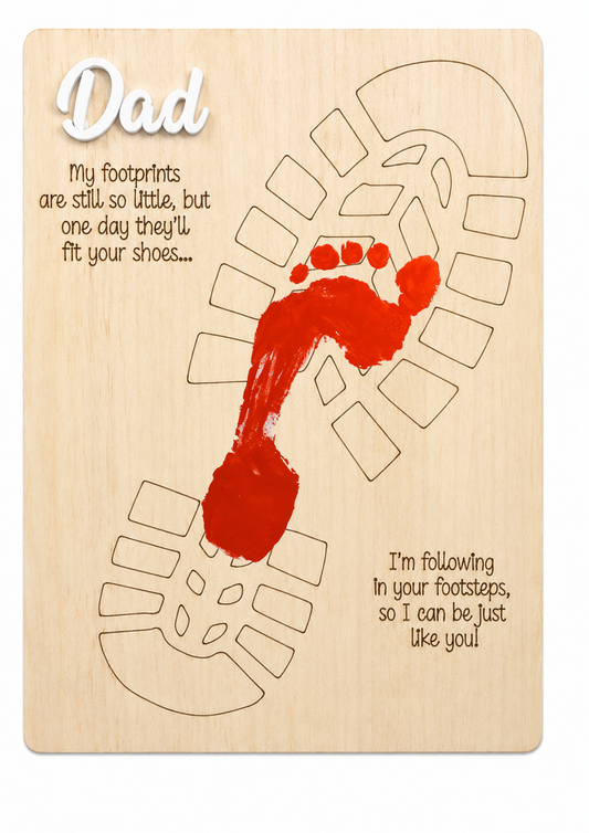 Personalised wooden Father's Day footprint plaque with engraved shoe prints, heartfelt quote and raised acrylic title ready for painted child footprints.