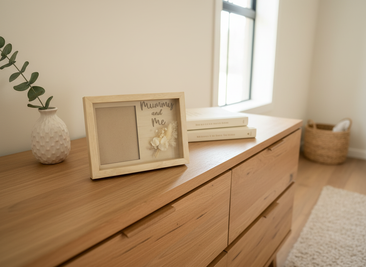 Wooden dresser with a framed photo, vase, and books in a room with a window and rug.