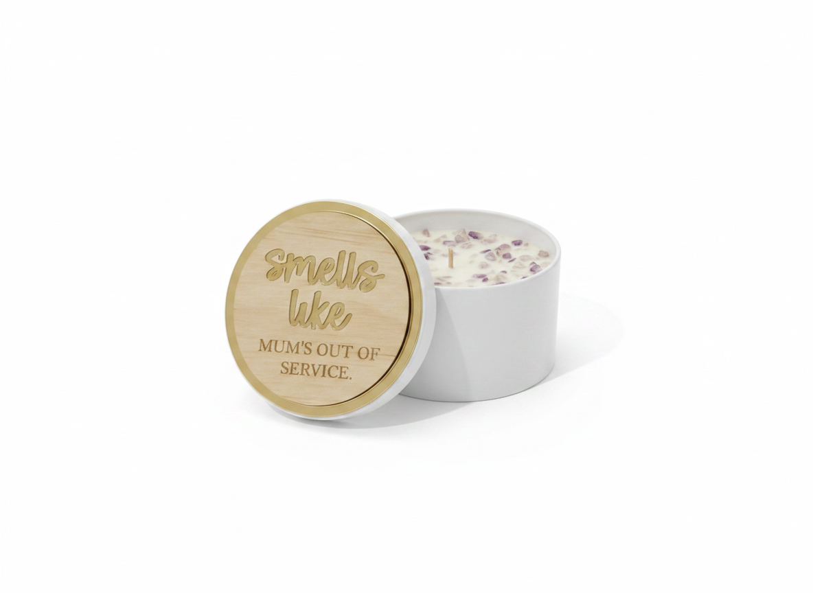 Custom Lemon Myrtle Candle with Amethyst Crystals – “Smells Like Mum’s Out of Service”