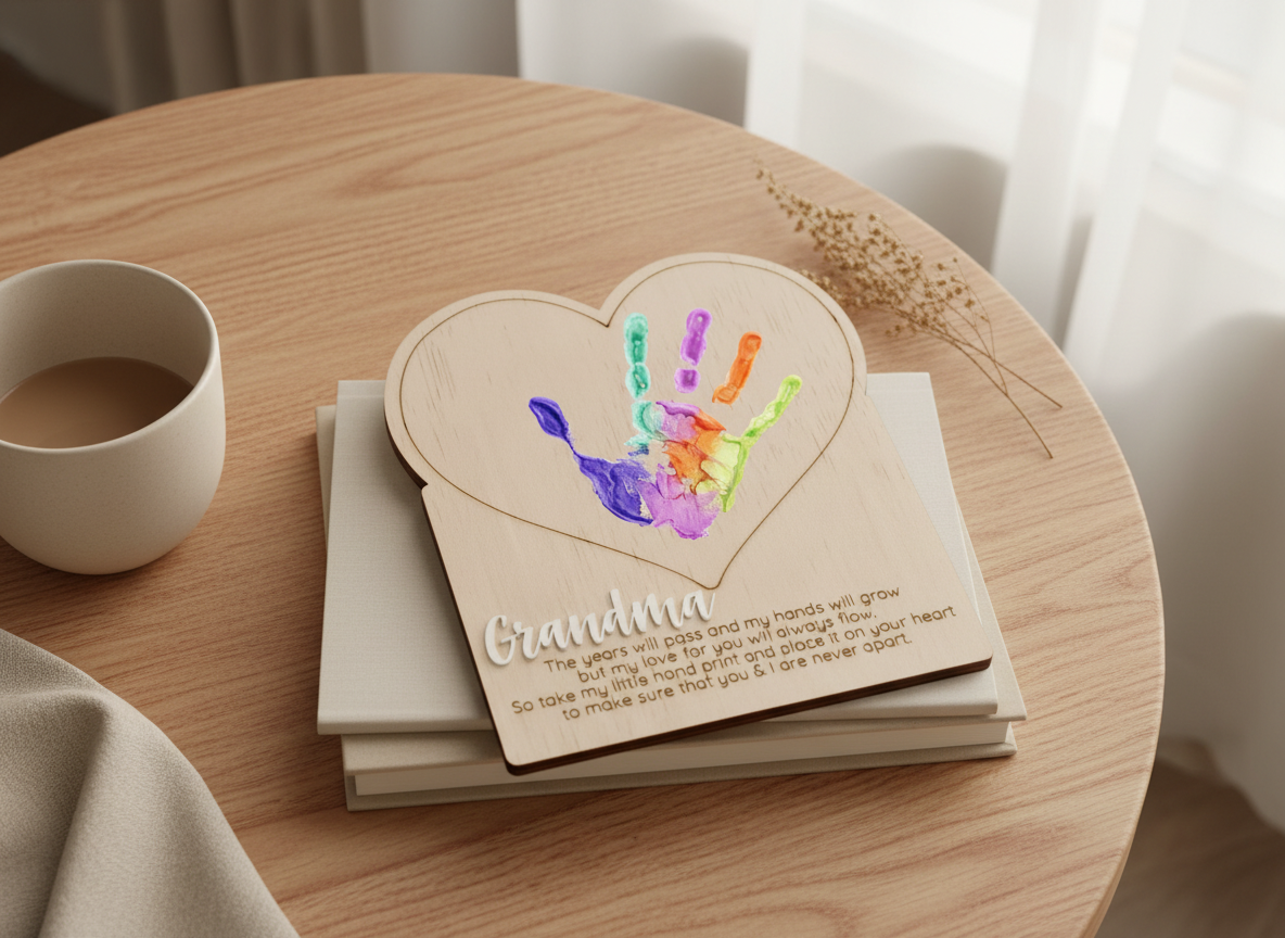 Handprint plaque keepsake on timber tabletop flatlay
