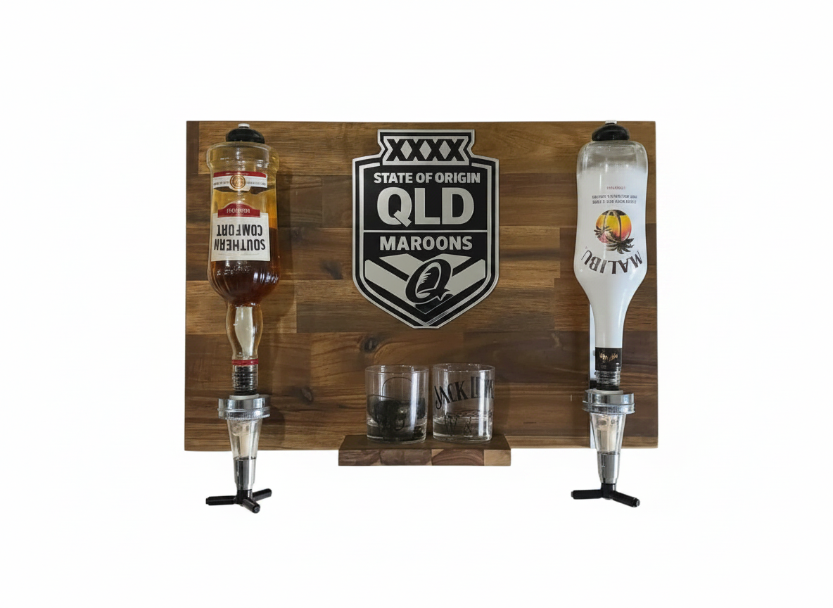 Wall Mounted Spirit Dispenser – QLD Team | Double Bottle Bar Display (600mm x 400mm)