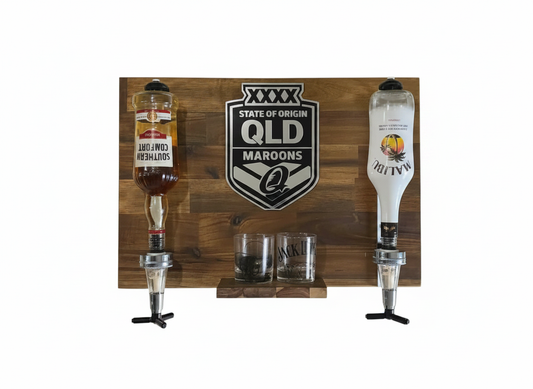 Wall Mounted Spirit Dispenser – QLD Team | Double Bottle Bar Display (600mm x 400mm)
