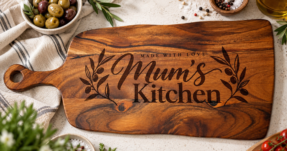 Personalised acacia wood serving board engraved with Mum's Kitchen, Made With Love lettering and botanical olive branches. Wooden kitchen gift for Mum.