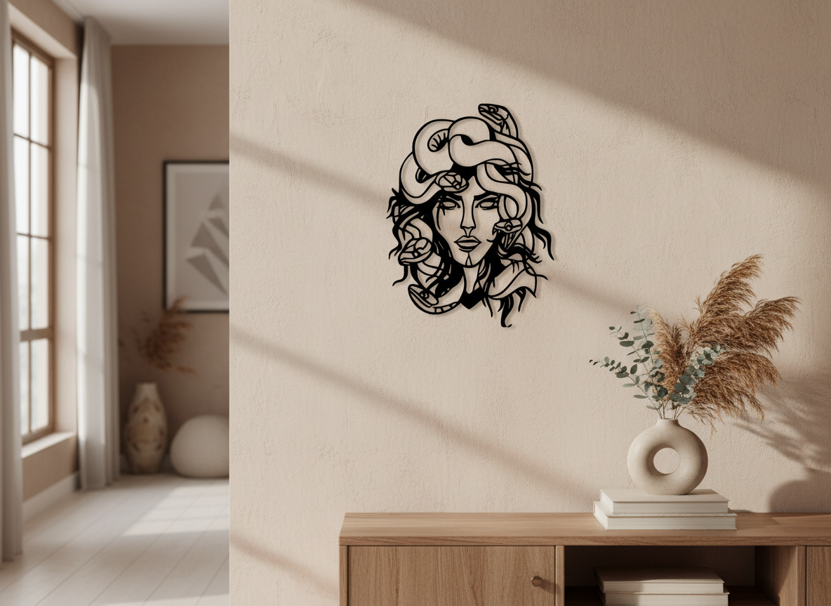 Snake Lady acrylic wall art (Medusa-inspired) in black acrylic styled on a warm neutral wall above a timber console