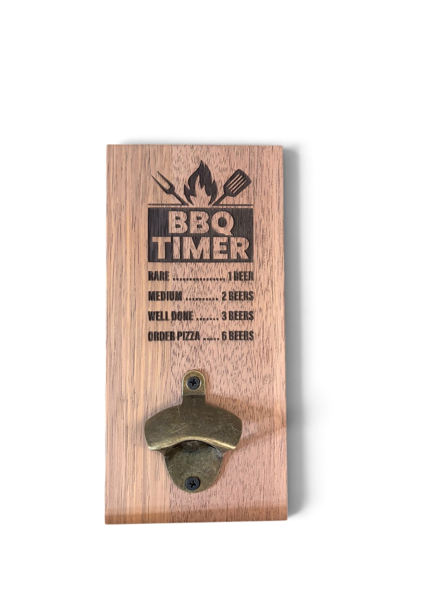 A wooden BBQ Timer bottle opener wall mount with a brass-colored metal opener and engraved text on a white background.