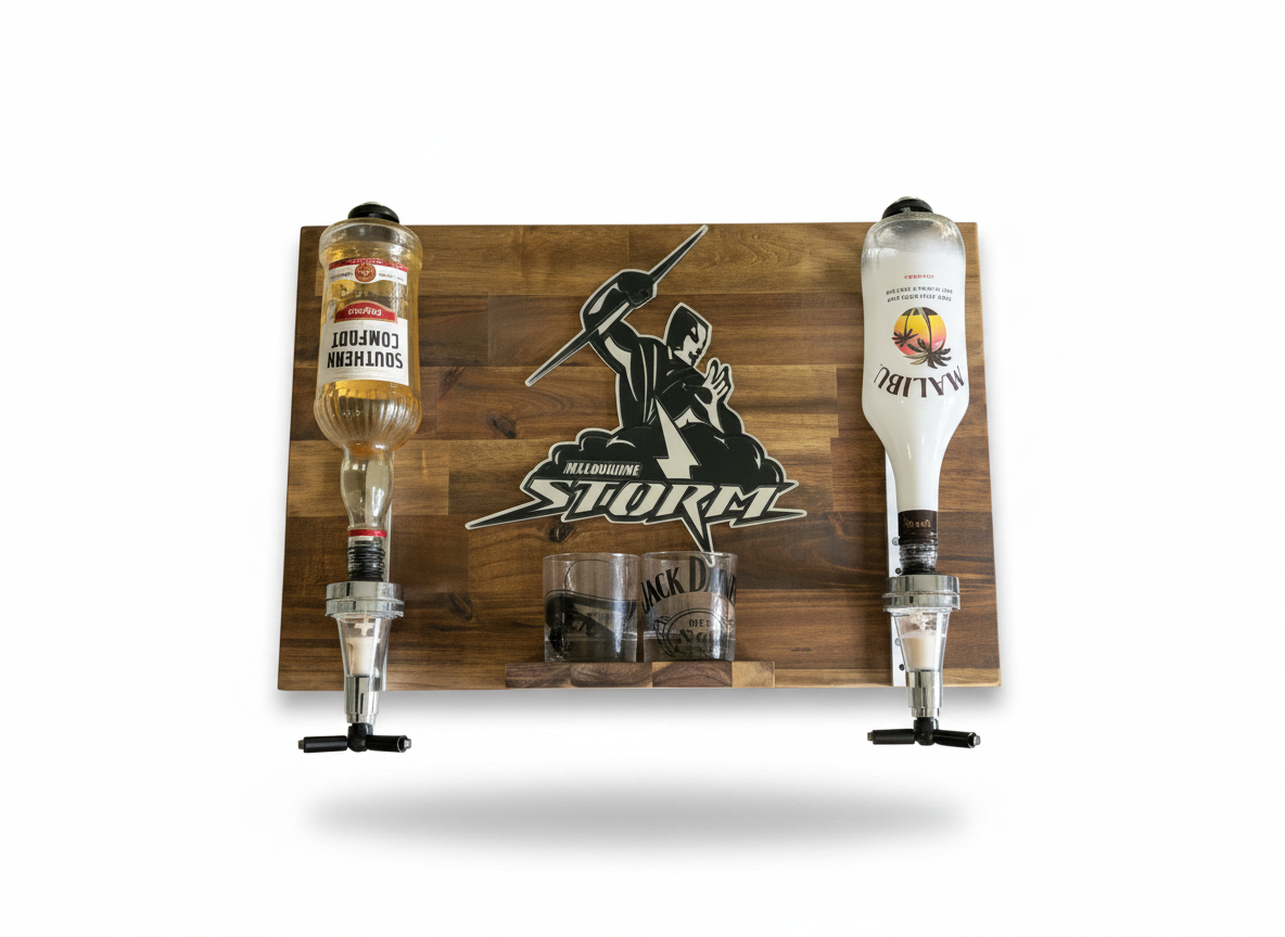Wall Mounted Spirit Dispenser – Melbourne Team | Double Bottle Bar Display (600mm x 400mm)