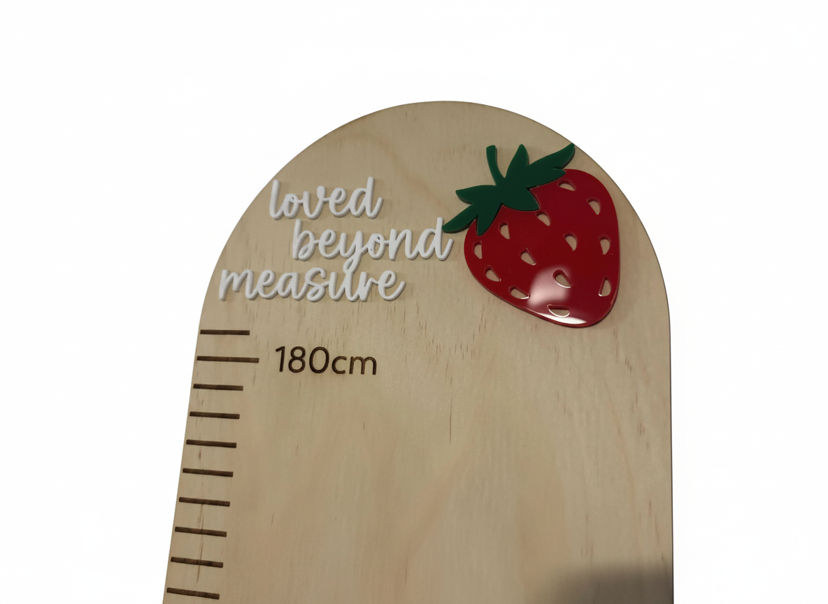 Personalisable Plywood Growth Chart – Strawberry “Loved Beyond Measure” (50–180cm)