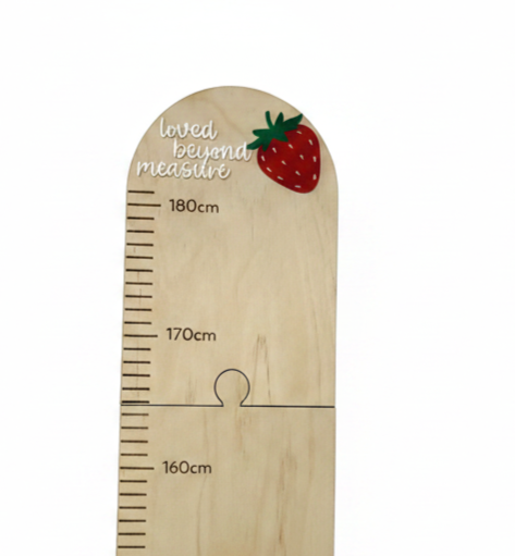 Personalisable Plywood Growth Chart – Strawberry “Loved Beyond Measure” (50–180cm)