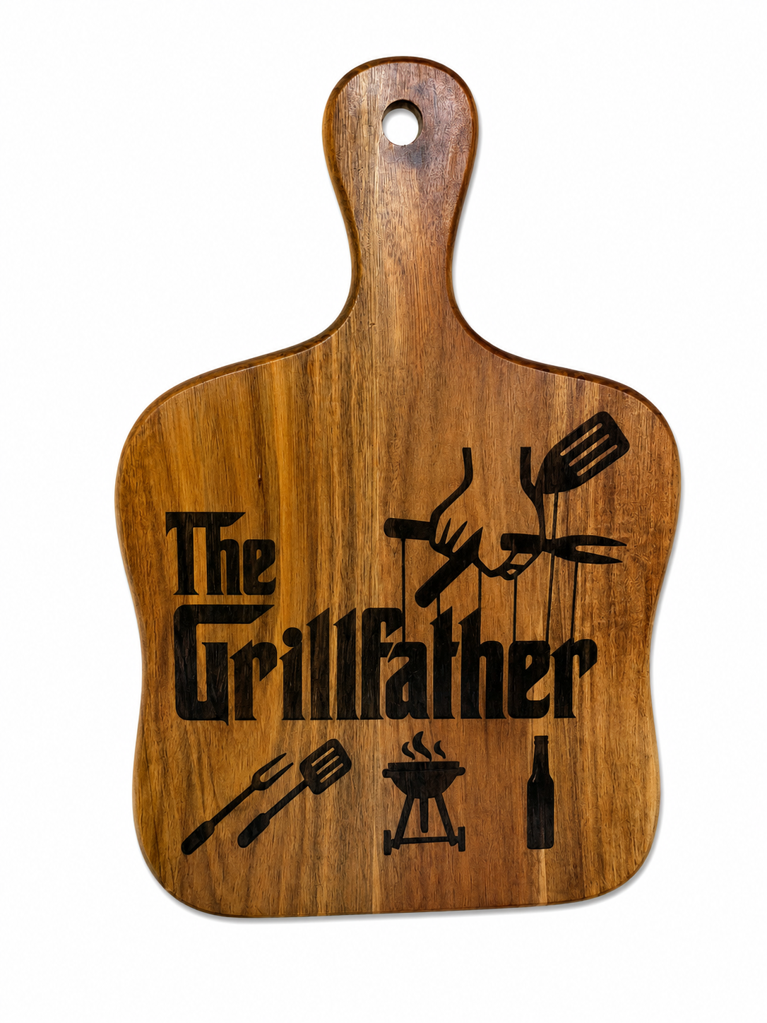 A wooden cutting board with a handle, featuring a black engraved graphic that reads 'The Grillfather' with barbecue tools and a grill.