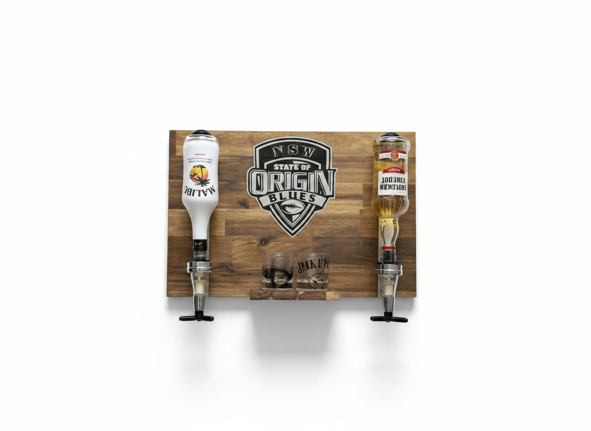 Wall Mounted Spirit Dispenser – NSW Team | Double Bottle Bar Display (600mm x 400mm)