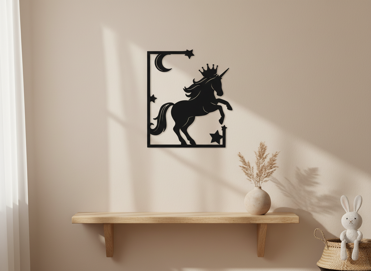 Unicorn acrylic wall art lifestyle shot in kids room on neutral wall