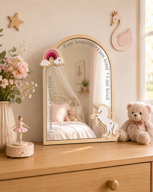 Unicorn and rainbow affirmation mirror for kids bedroom with positive I Am affirmations