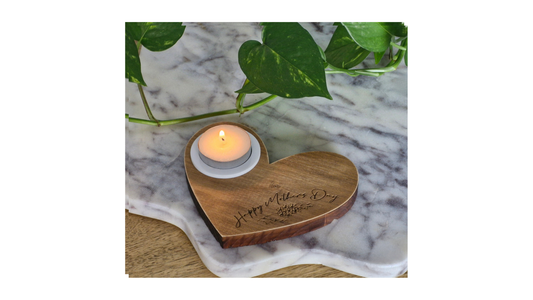 Engraved timber heart tealight candle holder stained walnut with Happy Mother's Day botanical engraving