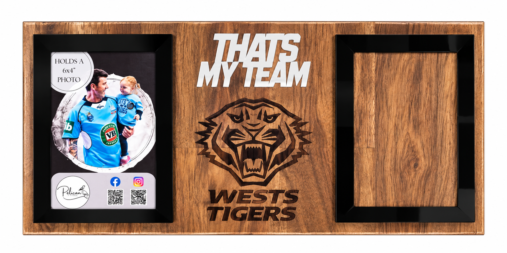 A custom wooden sports photo frame for the Wests Tigers, featuring a laser-engraved tiger head logo and 'WESTS TIGERS' text, a placeholder photo on the left, and a blank photo slot on the right.