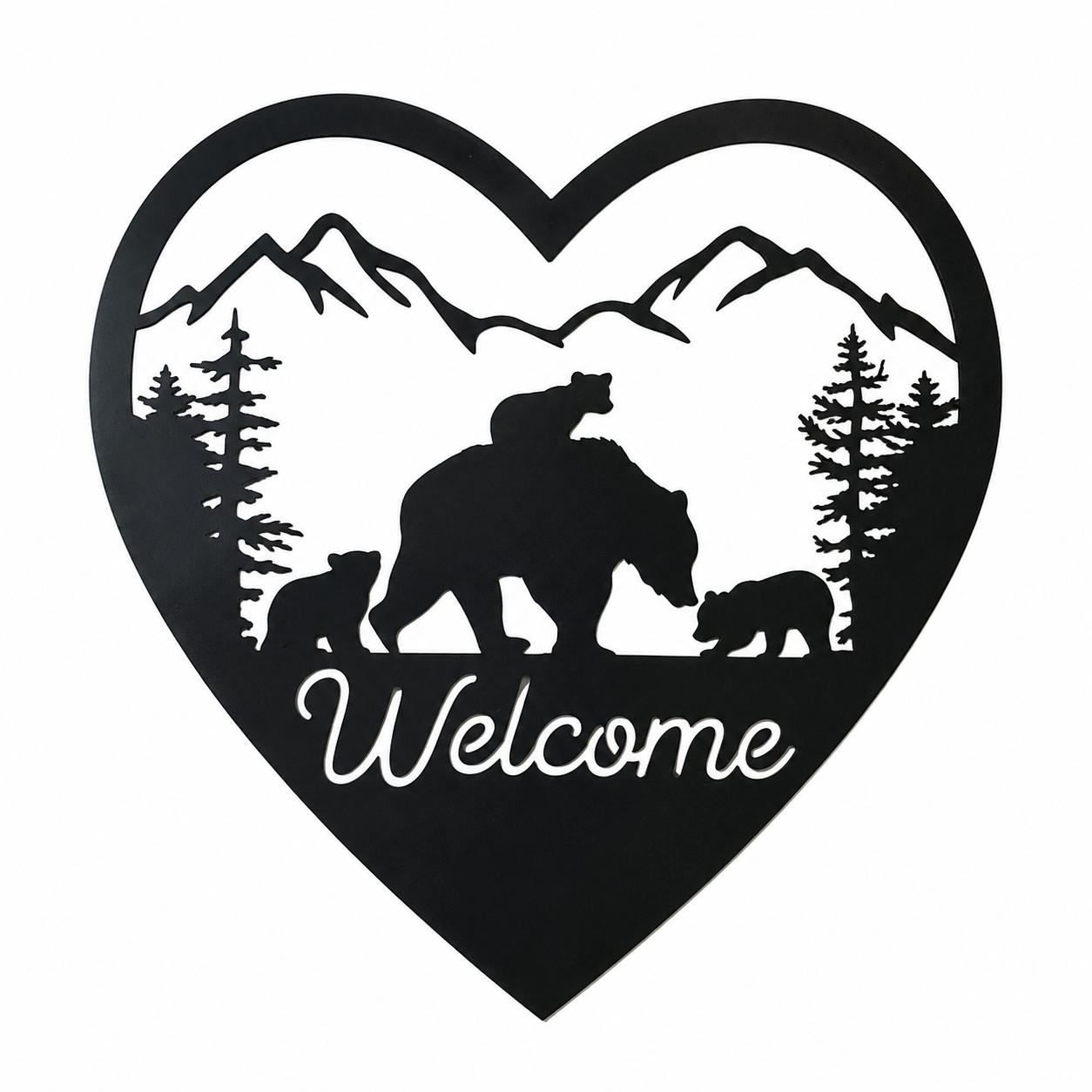A heart-shaped black acrylic sign featuring a bear family silhouette with mountains and pine trees in the background, and the word 'Welcome' in white script at the bottom.