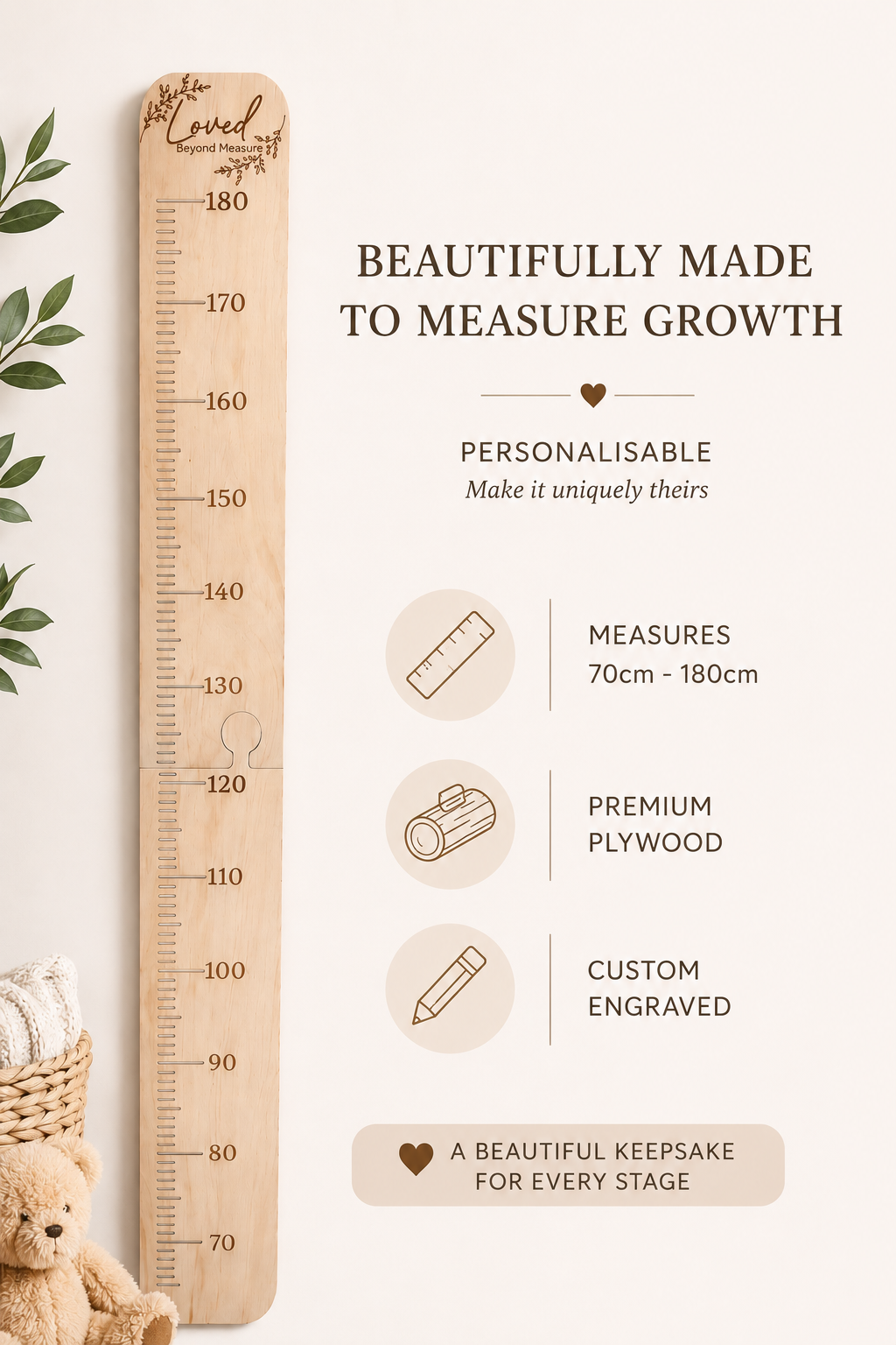 A personalized wooden height growth chart shown on a light beige background with decorative text, icons, and small props including a teddy bear, basket, and leaves. The chart is engraved with age and height markings from 70 to 180 and includes a small photo cutout area.