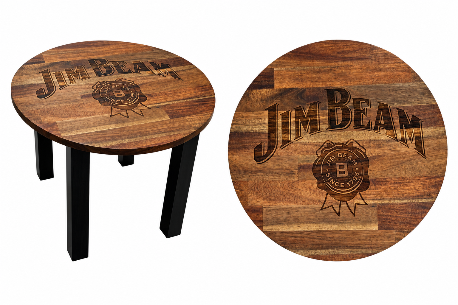 A round wooden table shown from two angles on a white background. The tabletop has a rich brown wood grain finish with an engraved Jim Beam logo and the words 'JIM BEAM'.