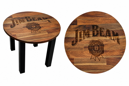A round wooden table shown from two angles on a white background. The tabletop has a rich brown wood grain finish with an engraved Jim Beam logo and the words 'JIM BEAM'.