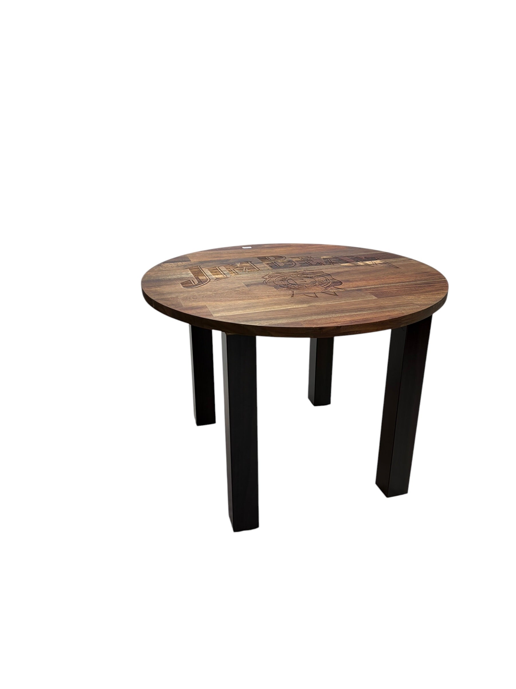 A round wooden dining table with a dark brown stained top featuring engraved text and a black metal frame with four legs, shown against a plain white background.
