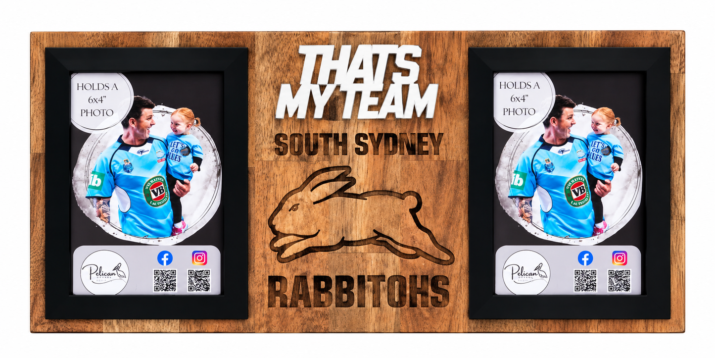 A custom wooden double-photo frame with black frames and a natural wood grain finish. The center features a laser-engraved rabbit silhouette and the text 'THATS MY TEAM SOUTH SYDNEY RABBITOHS'.