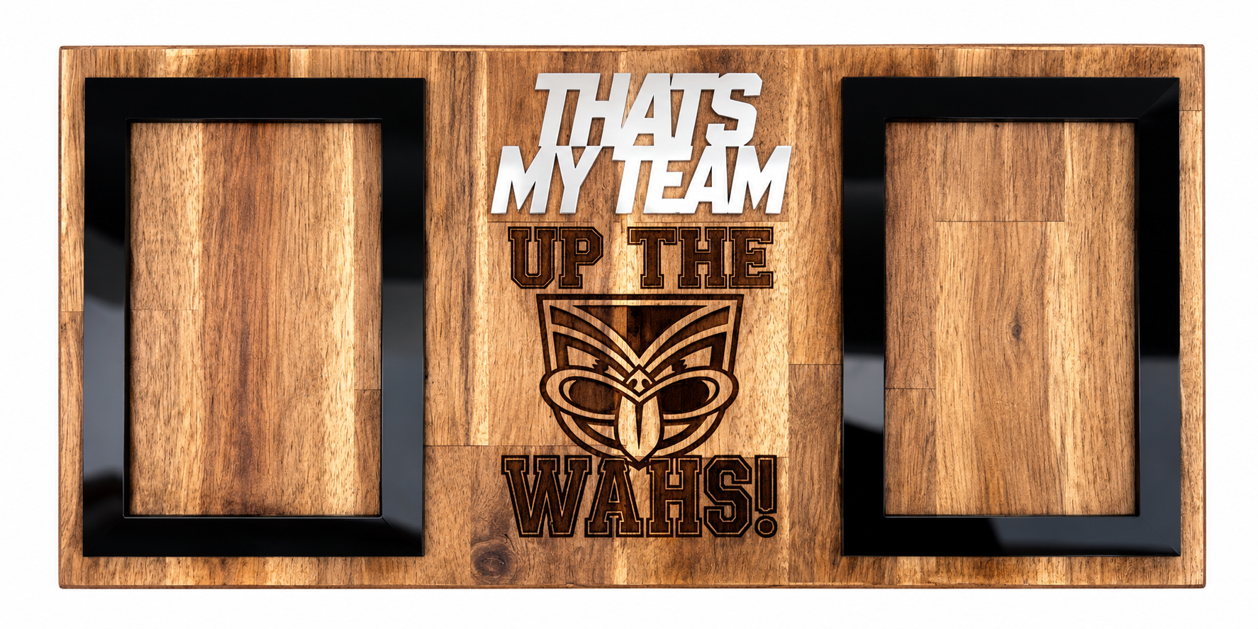 A rectangular wooden photo frame with a natural wood grain finish and black borders. The center panel features the engraved text ' UP THE WAHS!' 
