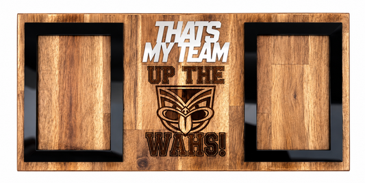 A rectangular wooden photo frame with a natural wood grain finish and black borders. The center panel features the engraved text ' UP THE WAHS!' 